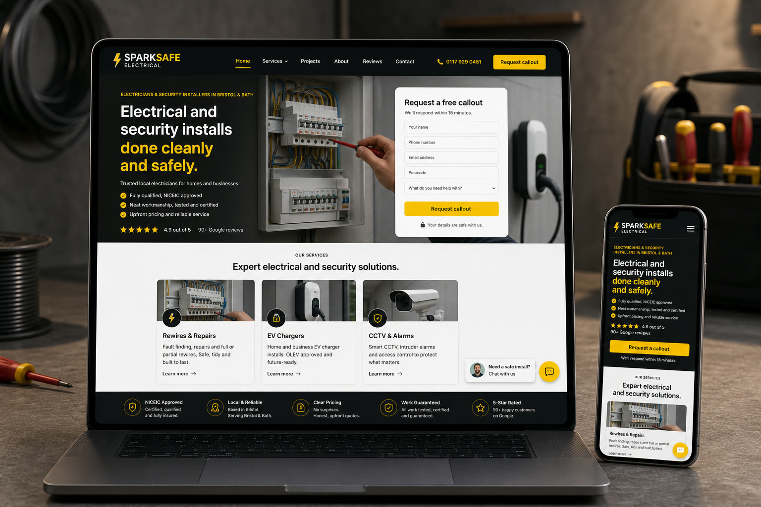 Electrical contractor website demo concept shown on a laptop and phone with chat widget